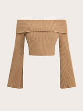 Ribbed Off-Shoulder Long Sleeve Top Tan OutfitFlow